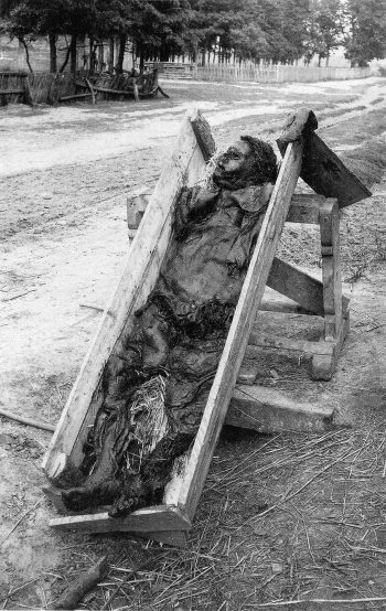 <b>Author:</b> Unknown<br>
<b>License:</b> <a href="https://creativecommons.org/publicdomain/zero/1.0/" target="_blank" rel="noopener">Public domain</a> Bog body Kreepen Man after his excavation in 1903 in a provisional cradle for transport The remains of the body no longer exist Wikimedia Unknown PublicDomain